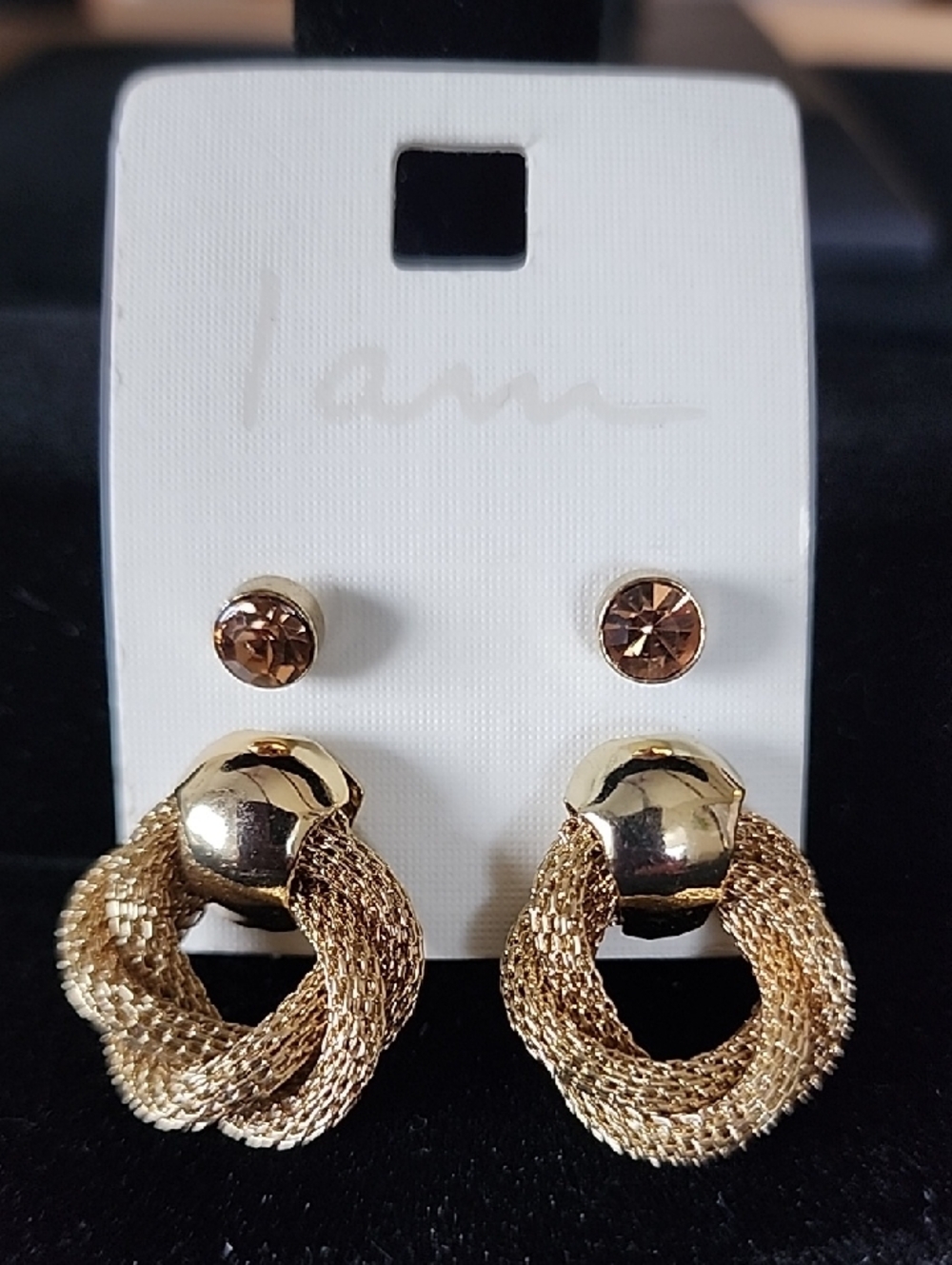 Gold Knot Hoop Drop Earrings with Amber Studs